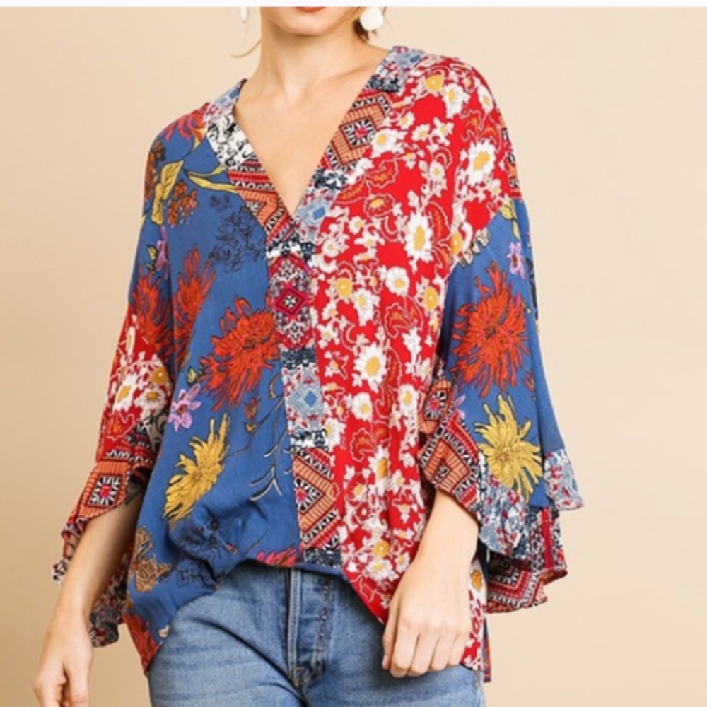 Umgee Mixed‎ Floral Ruffle Sleeve Top Sz M